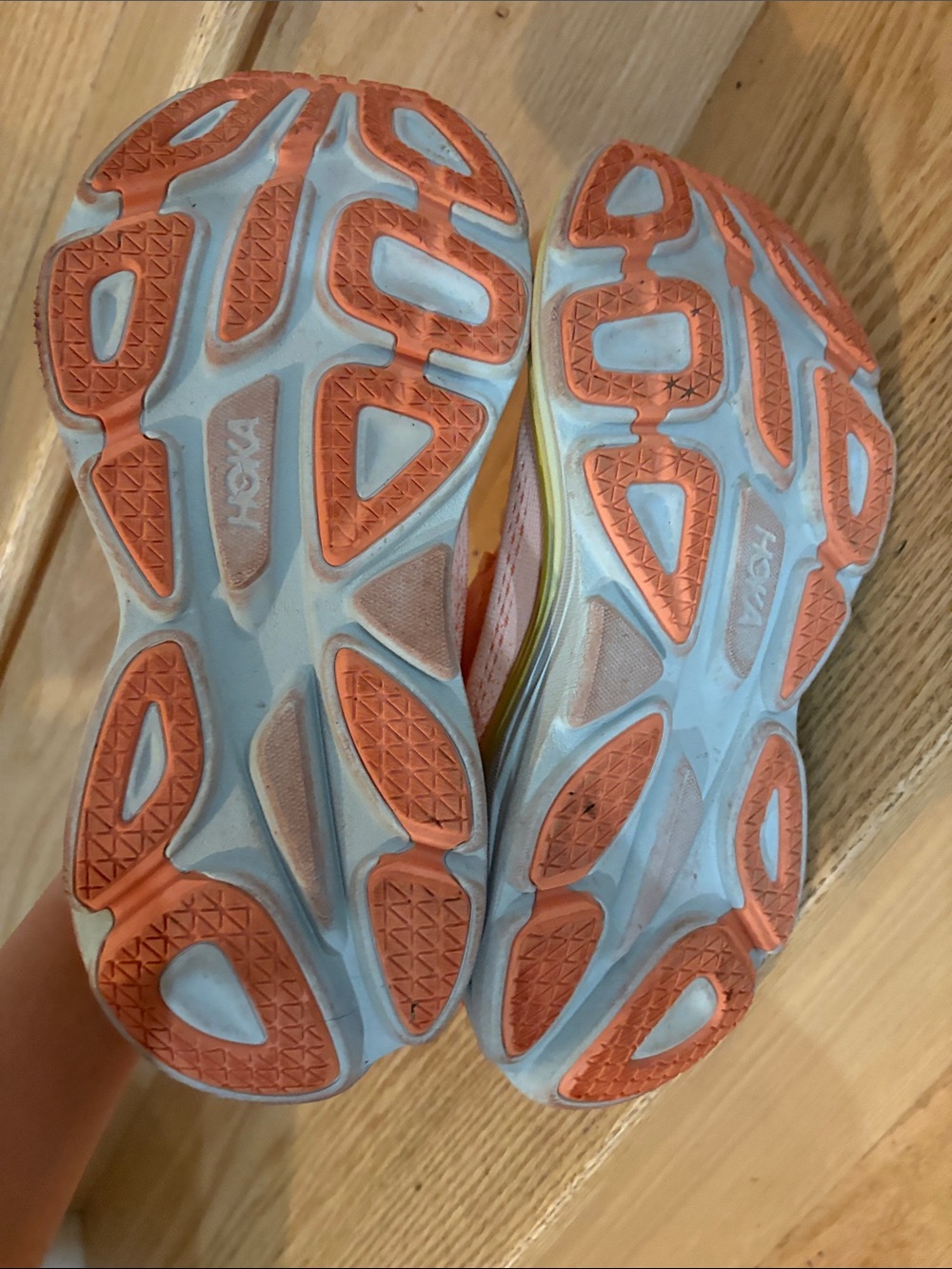 Hoka Peach Coral Running Shoes with Yellow & Light Blue Midsole - Picture 4 of 4